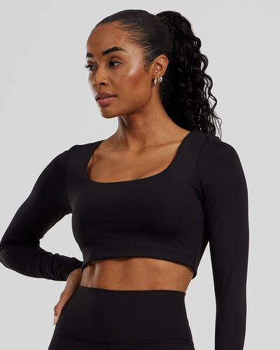 Essential Long Sleeve Built-In Bra Top | Black