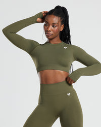 Power Seamless Long Sleeve Crop Top | Khaki