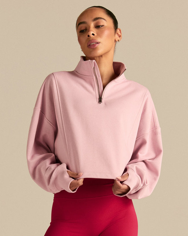 Comfort Lightweight Half Zip Draw Hem Sweat | Sweet Pink