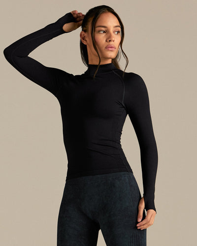Power Seamless Mock Neck Long Sleeve Top | Black
