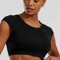 Motion Seamless Open Back Short Sleeve Crop Top | Black