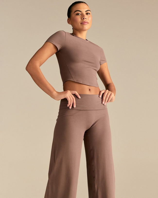 Cotton Contour Fold Over Straight Leg Pants | Mocha