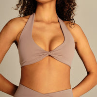 Essential Twist Front Halter Bra | Mauve Taupe