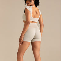 Motion Seamless Open Back Short Sleeve Crop Top | Stone